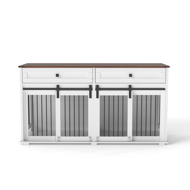 Large Dog Crate Furniture for 2 Dogs, Wooden Dog Kennel with 2 Drawers, Divider & Sliding Door, Indoor Dog Crate End Table