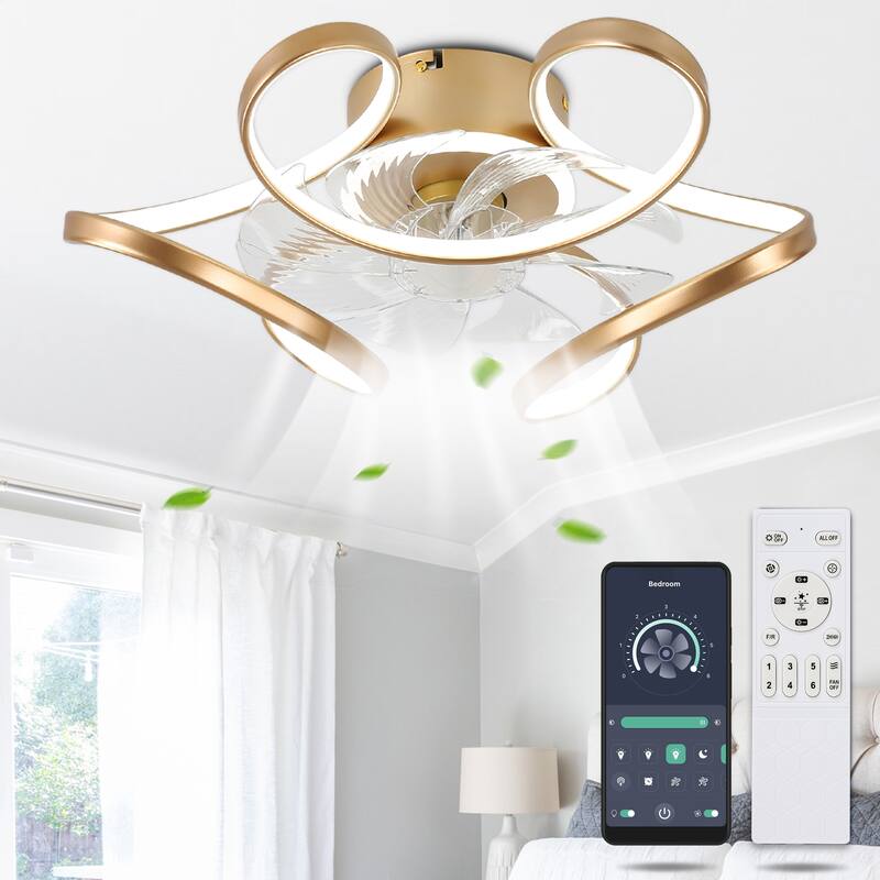 Cusp Barn 22" Modern Low Profile Ceiling Fan with Lights, 6 Speed Flush Mounted Geometric LED Ceiling Fan Fandelier for Bedroom