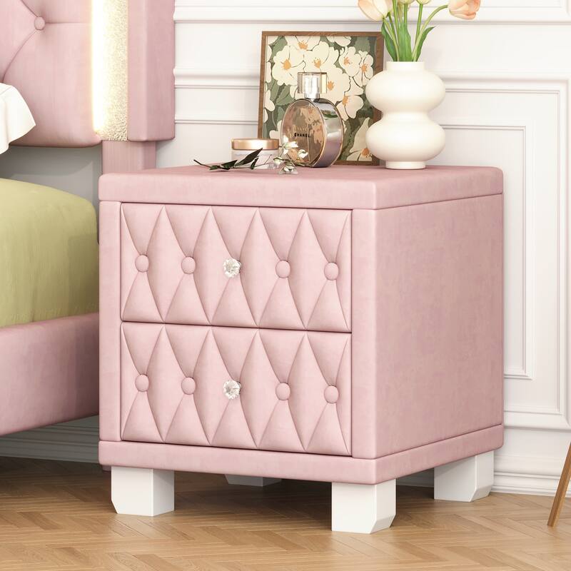 Elegant Velvet Nightstand with 2 Drawers, Crystal Handles, and Button-Tufted Design - Pink