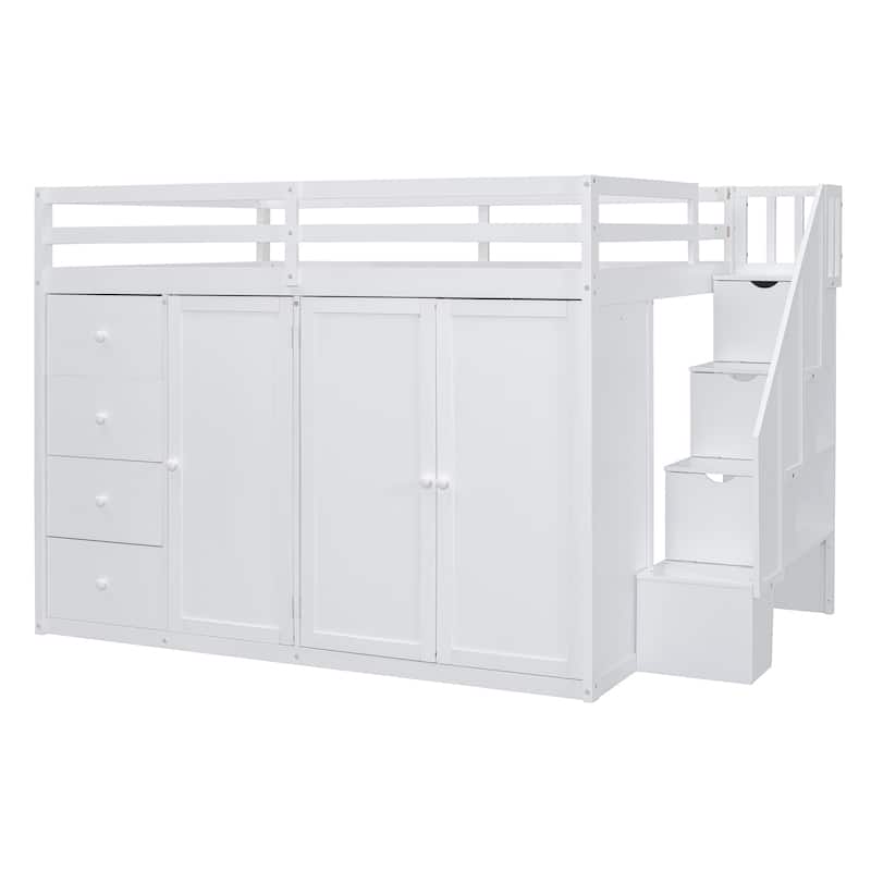 White Full Size Loft Bed with Built-in Wardrobes and Staircase, Space-Saving Design
