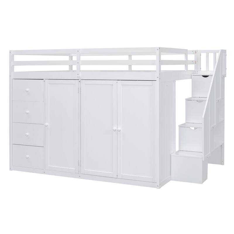 White Full Size Wood Loft Bed with Built-in Wardrobes and Drawers