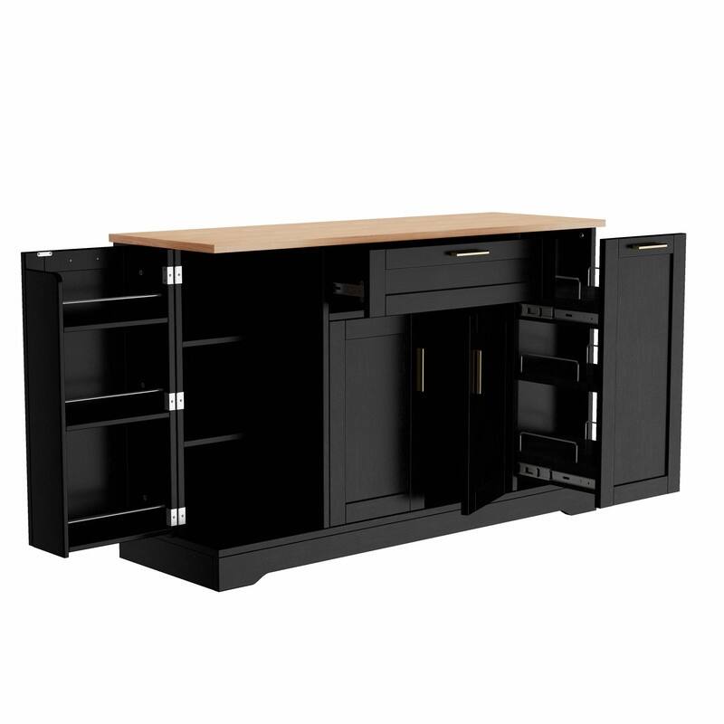 Multi-Functional Storage Sideboard & Extendable Dining Table with Adjustable Shelves, 3-Tier Pull-Out Rack