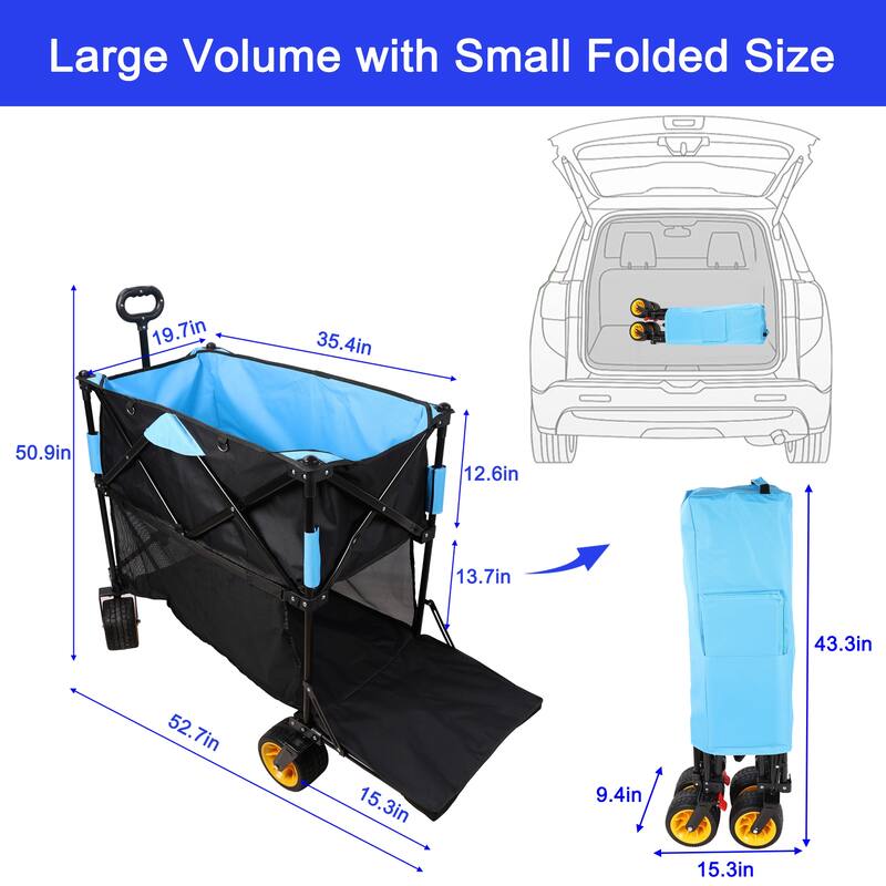 Extra-Long Large Capacity Folding Wagon Cart - Extended Garden & Beach Hauler, Black & Blue