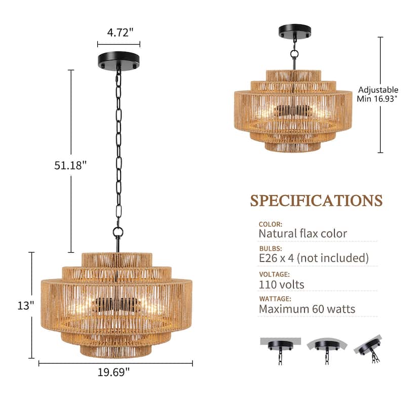 4/6-Light Boho 5-Tier Hand Woven Rattan Drum Chandelier