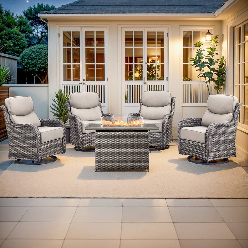 Pocassy 5 Pieces Outdoor 6 Inch Swivel Chair with Fire Pit Table - Beige cushion - Gray Wicker