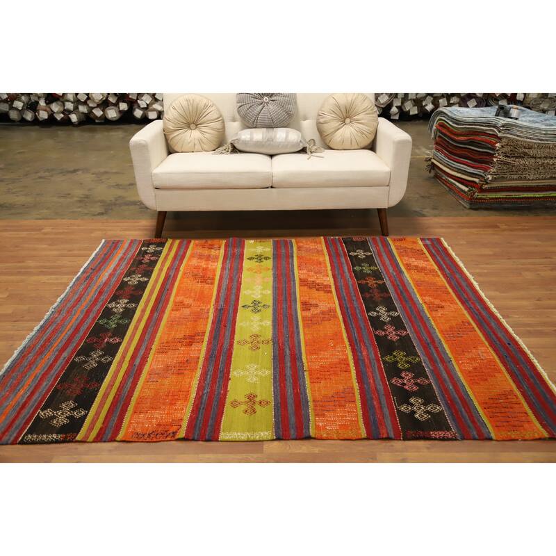 Hand Woven Oriental 100% Wool Carpet Southwestern Tribal Oranges & Rust Kilim Area Rug - 6' 9'' X 5' 10''
