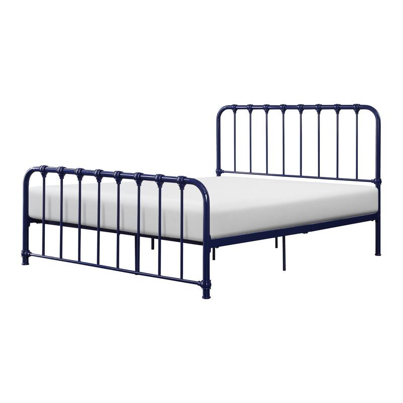 Ethan Full Size Metal Bed, Blue Spindle Design, Heavy Duty Slat Support