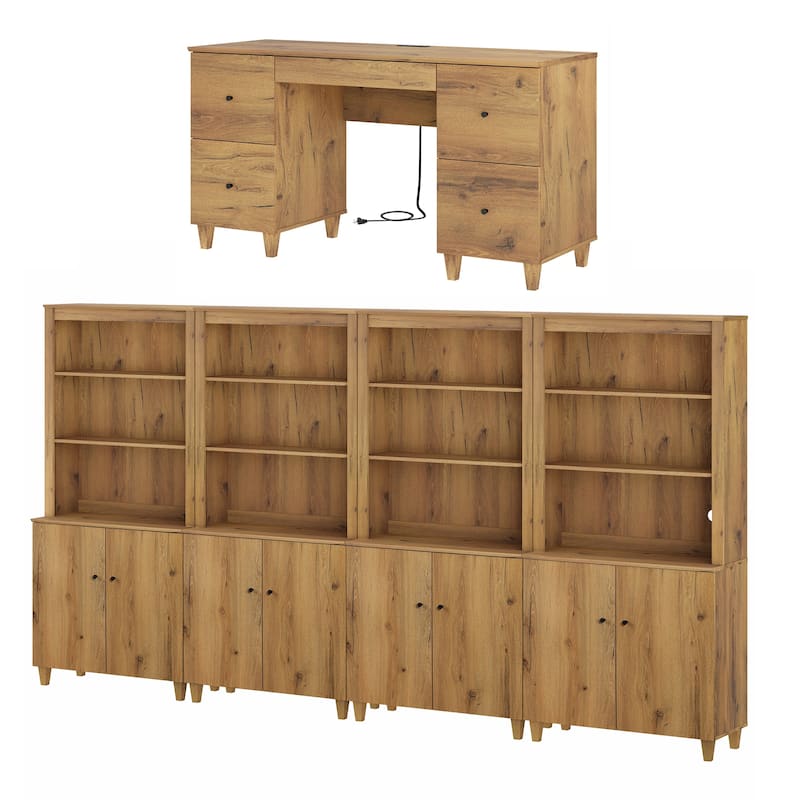 WAMPAT Home Office Furniture Set, 58" Executive Desk with Drawers, 4-Column 71" Tall Bookcase with Doors and Adjustable Shelves