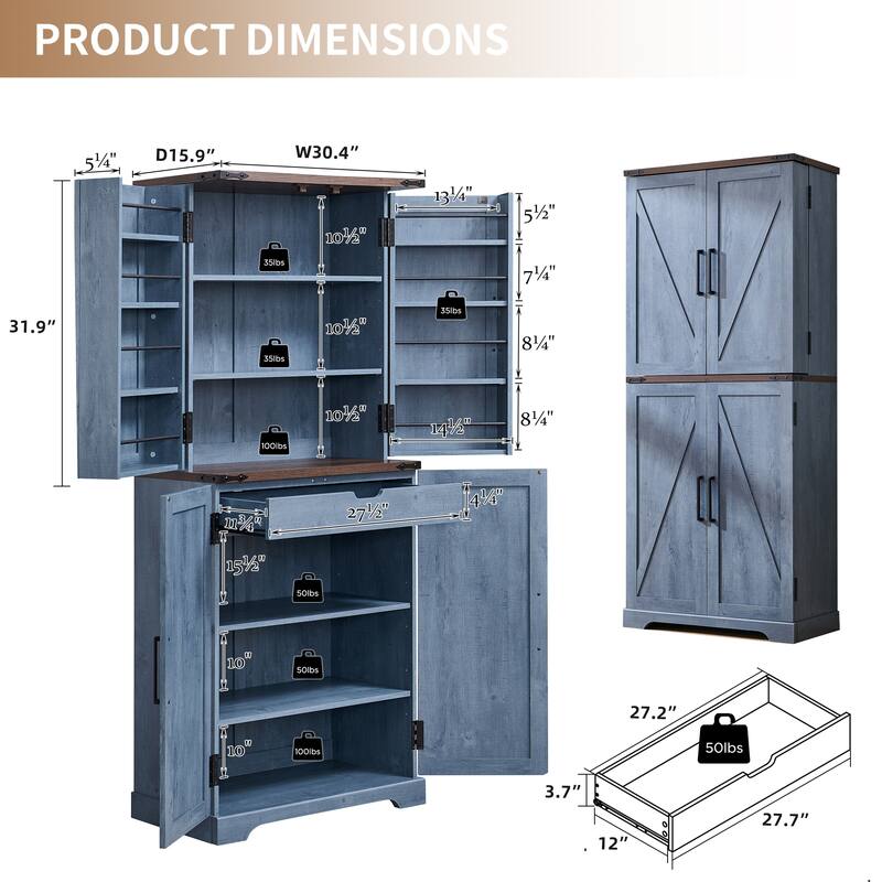 Farmhouse Wood Pantry Cabinet with Barn Doors, Adjustable Shelves