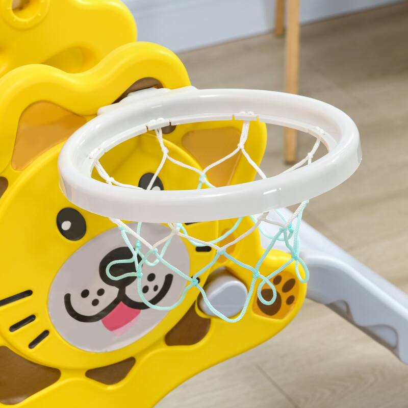 Kids Cartoon Pattern PE Indoor Slide with Basketball Hoop and Climber for Ages 18-36 Months - 52.25" L x 23.5" W x 27.5" H