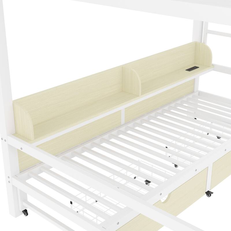 Queen over Queen Bunk Bed with Storage Shelves & Drawers, USB Ports & LED Lights, Convertible Sofa Lower Bed