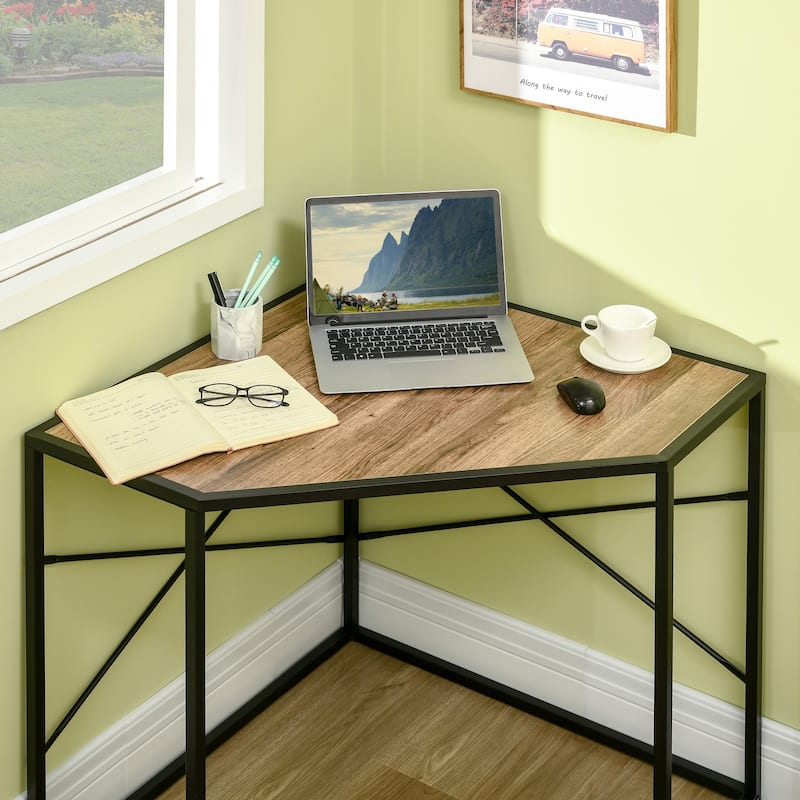 HOMCOM Corner Computer Desk with Steel Frame for Small Spaces, Writing Desk for Workstation