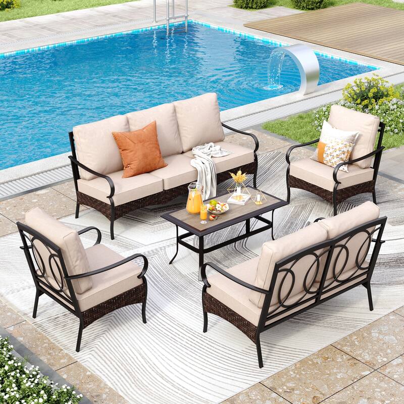 MAISON ARTS Modern Outdoor Patio Furniture Set with Waterproof Cushions - 5-Piece Wicker & Metal Conversation Set