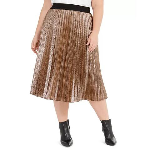 Alfani Women's Plus Size Pleated Metallic Midi Skirt Brown Size 1X