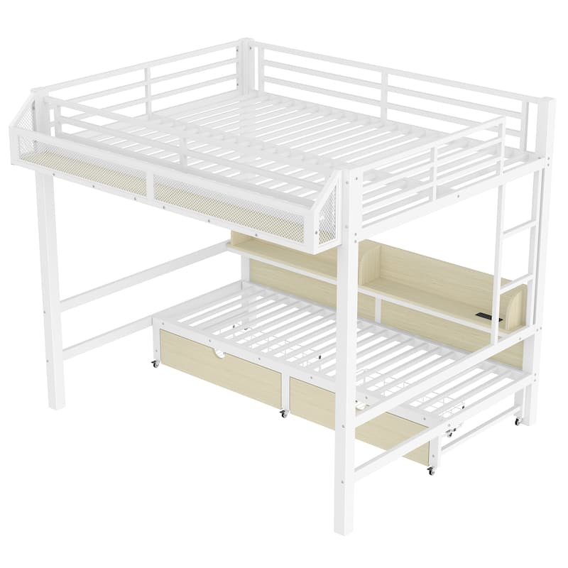 Queen over Queen Bunk Bed with Storage Shelves & Drawers, USB Ports & LED Lights, Convertible Sofa Lower Bed