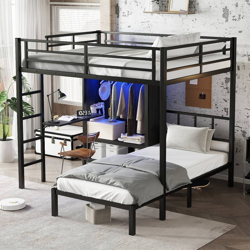 Full XL Over Twin Bunk Bed with Folding Desk for Kids, Heavy Duty Metal Bed Frame w/ LED Closet & Safety Guardrails, Noise Free
