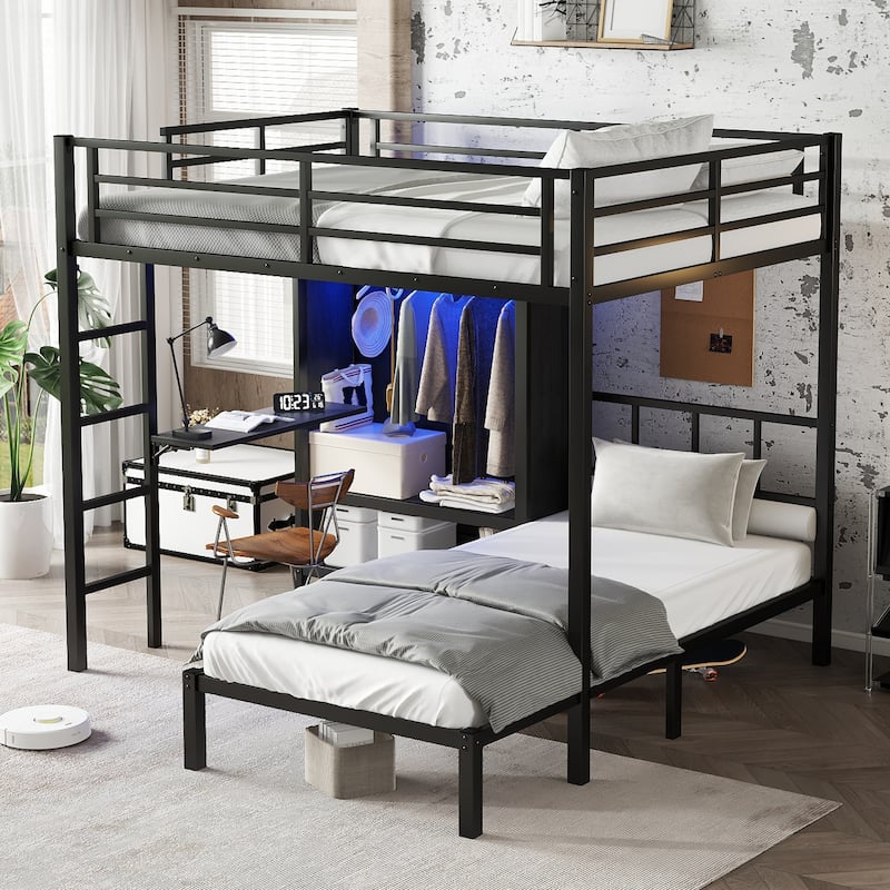 Full XL over Twin Bunk Bed - Features Folding Desk, Built-In Closet & LED Lighting