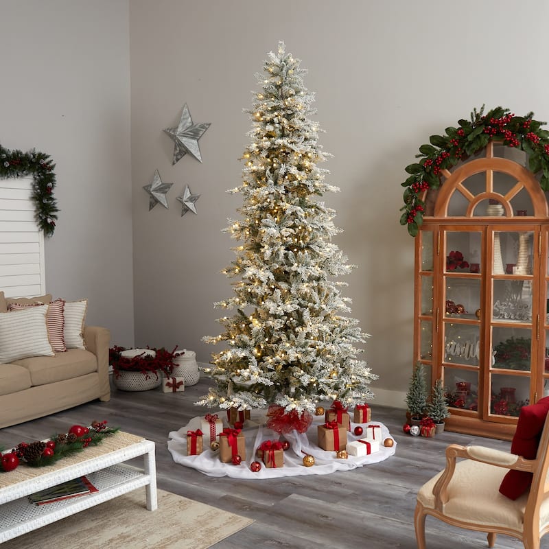 9.5Ft Pre-Lit Artificial Christmas Tree - Slim Spruce with 600 Warm White Lights & Bendable Branches - Holiday Decor - 108