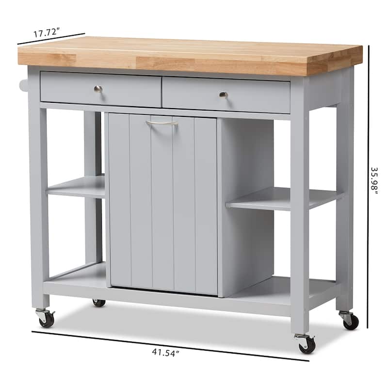 Kitchen Cart with Storage - Light Grey Wood Rolling Island, Farmhouse Style, 4 Shelves, 2 Drawers