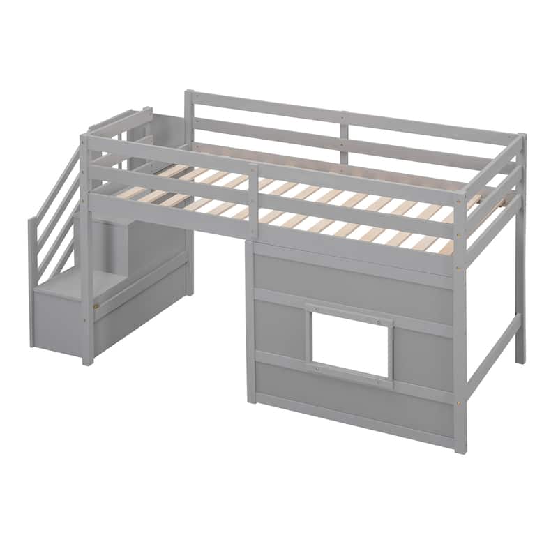 Twin Size Loft Bed with Storage Staircase and Window, Gray