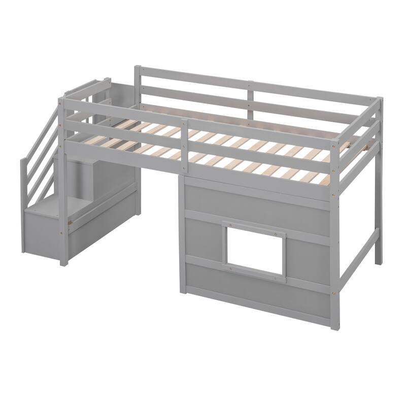 Twin Size Low Loft Bed with Storage Staircase and Window, Wooden Loft Bed Frame with Full Length Guardrail and Slat Support