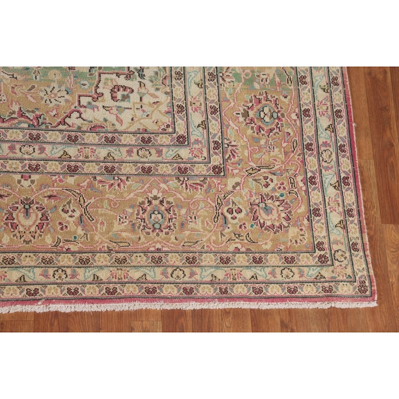 Distressed Mashad Vintage Persian Large Rug Handmade Wool Carpet - 9'7" x 13'8"