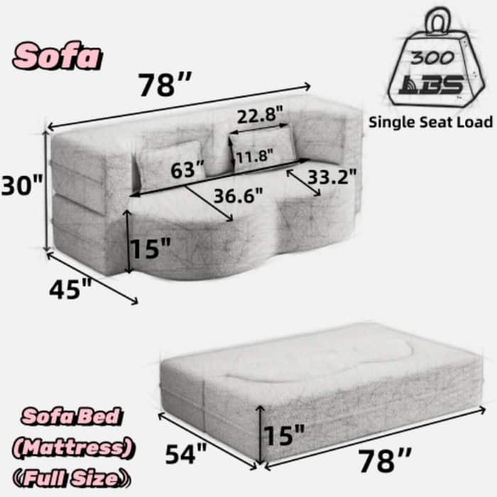 Full Size Floor Sleeper Sofa - 15" Folding Mattress, No Assembly Corduroy Sofa Bed with 2 Pillows