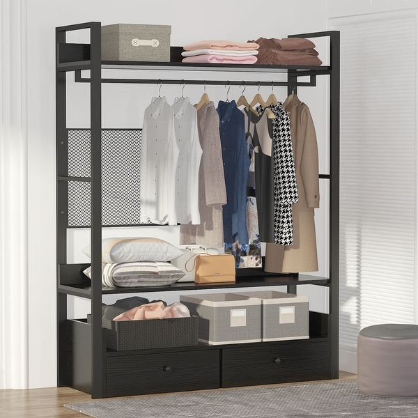 Free-Standing Closet Organizer with Drawers and Clothes Garment Rack Shelf. Opens flyout.