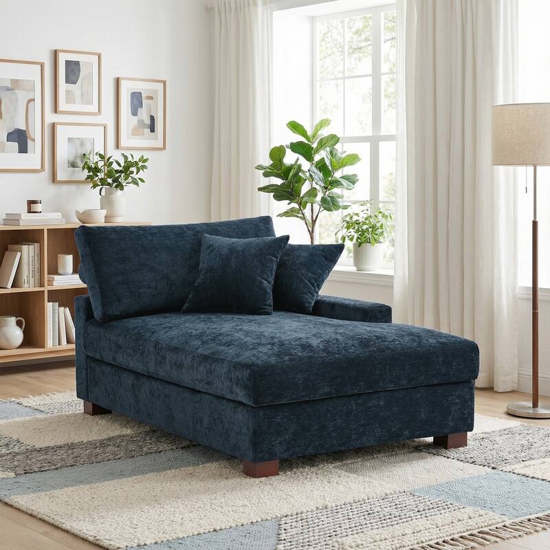Oversized Chenille Modular Chaise Lounge With Deep Seat - Right facing - Blue