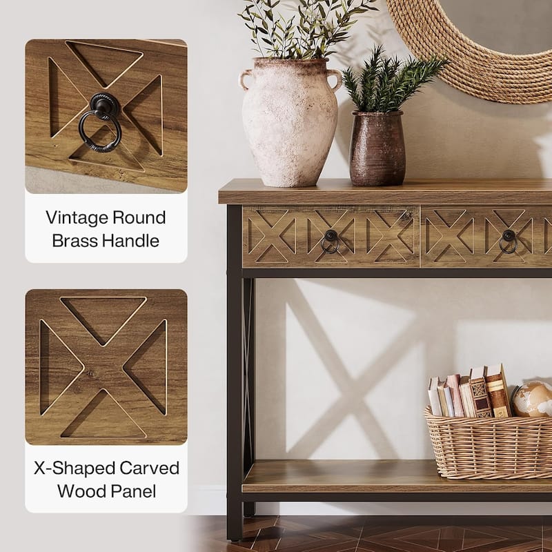55" Farmhouse Narrow Console Table with 3 Drawers, Long Rustic Entryway Table with 2-Tier Storage Shelf