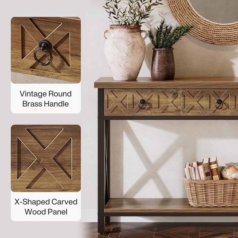 Farmhouse Narrow Console Table with 3 Drawers, 55" Long Rustic Entryway Table with 2-Tier Storage Shelf