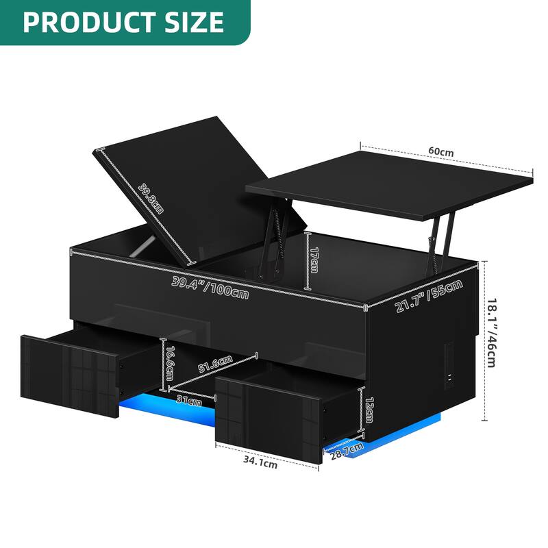 Moasis Modern Lift-top Coffee Table Glossy Cocktail Table with Charging Station and Drawers