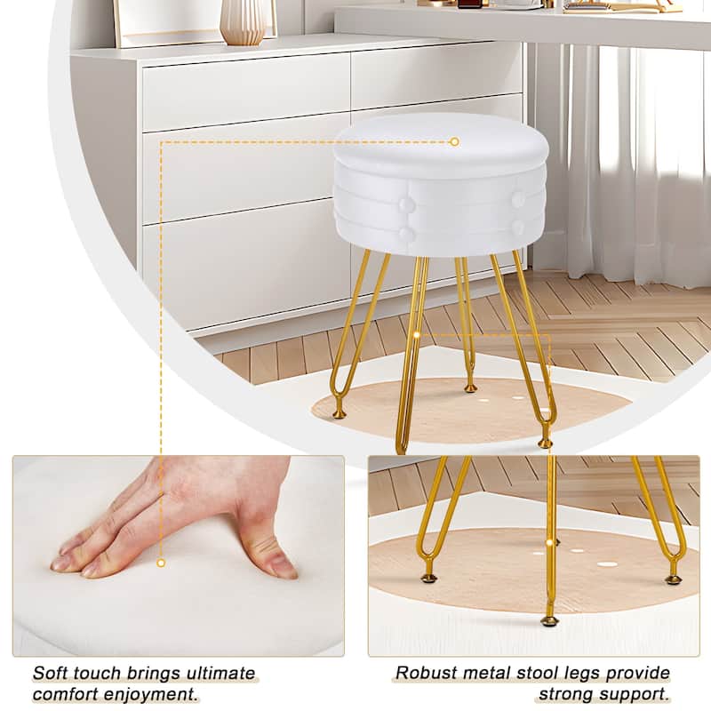 VECELO 18.5"H Multi-Functional Velvet Vanity Stool Tufted Small Vanity Chair with Metal Legs Convertible Storage End Table