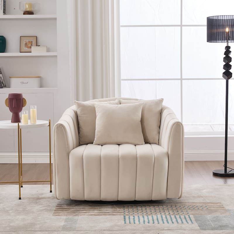 Upholstered Oversized 360° Swivel Accent Barrel Chair and Half Cozy Sofa with Pillows, Channel Pumpkin-Shape Club Armchair