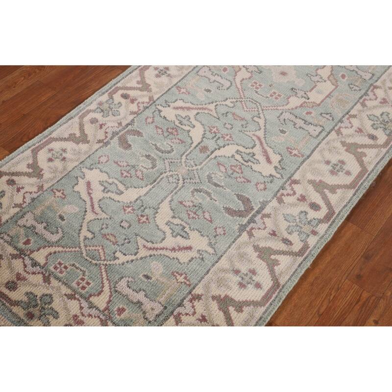 Turquoise Green Oushak Indian Runner Rug Hand-Knotted Wool Carpet - 2'8"x 8'5"