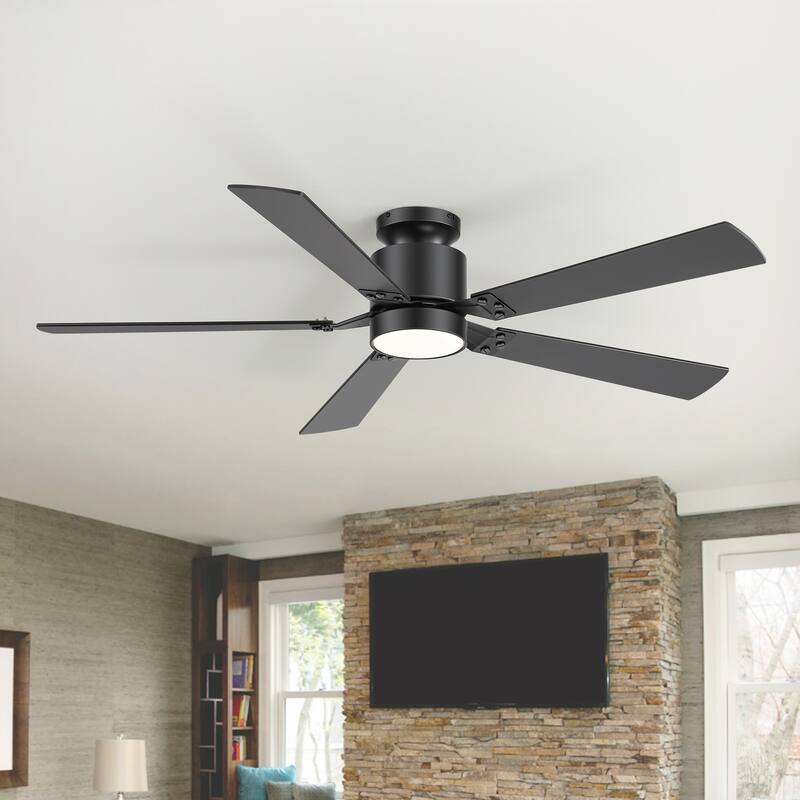 52-Inch Matte Black Flush Mount Ceiling Fan with RGB LED Light and Voice Control((5 Reversible Blades)