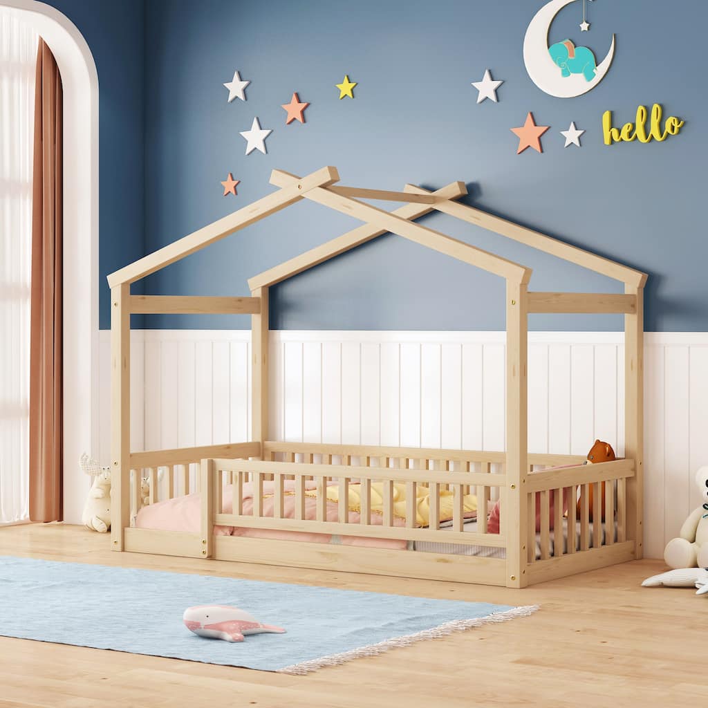 Natural Twin Size Wood House Bed Frame with Roof and Fence, for Kids, Teens, Girls, Boys