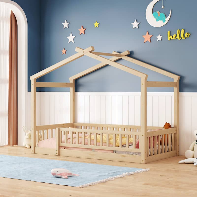 Twin Size Wood Bed Frame with Roof and Fence, Ideal for Children's Playhouse and Sleeping Space - Natural - Twin