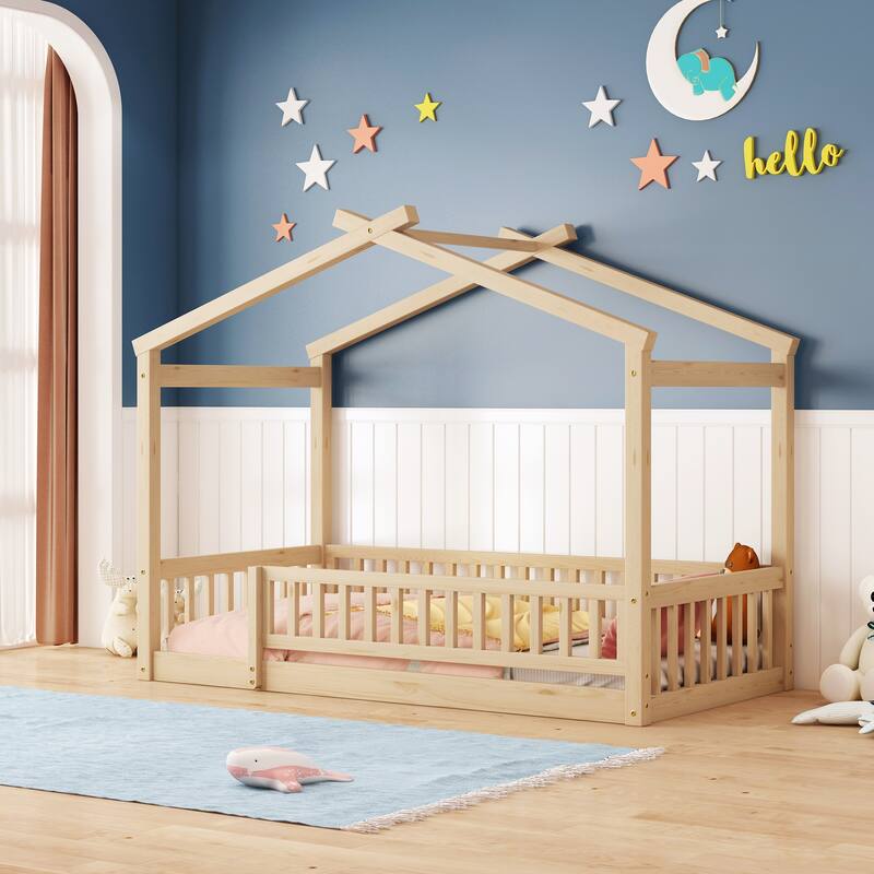 Twin Size Wood House Bed Frame with Roof and Fence - Fun and Safe Design for Children's Bedrooms, Small Space - Brown