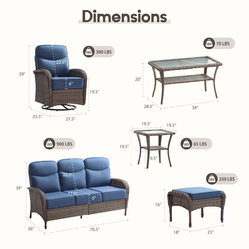 Meyreso 7-Piece Wicker Patio Conversation Set with Swivel Gliders and 6-Inch Thick Olefin Cushions