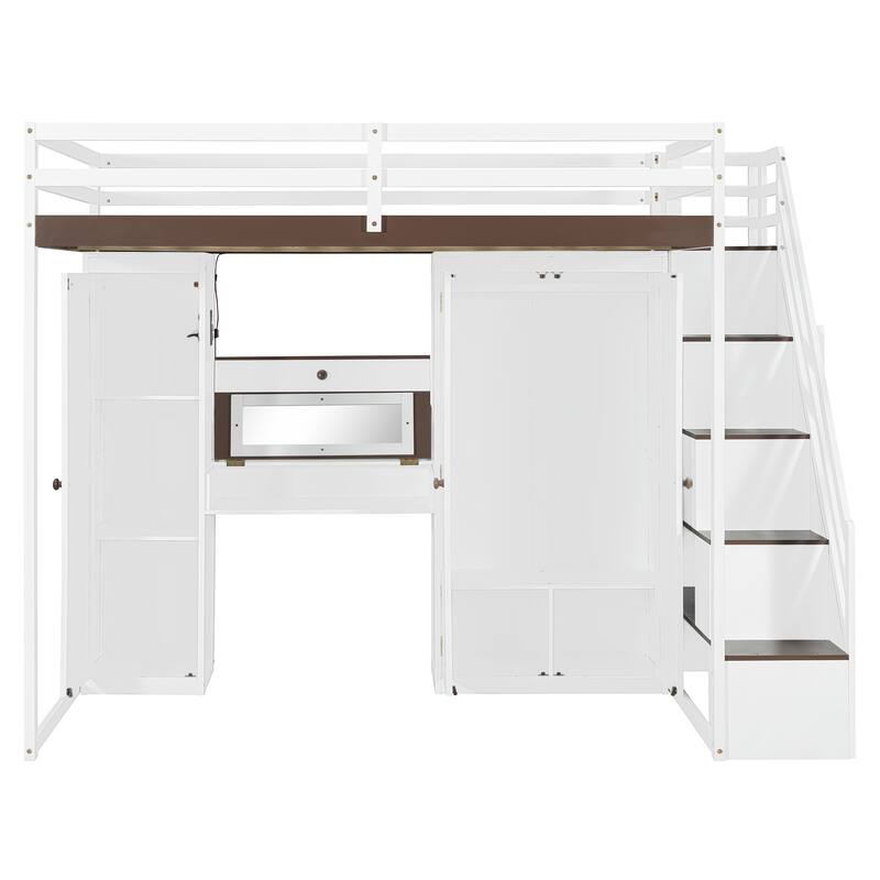 Full Size Loft Bed with Storage Staircase, Built-in Dressing Table, Mirror & Wardrobe - USB Charging & Lights