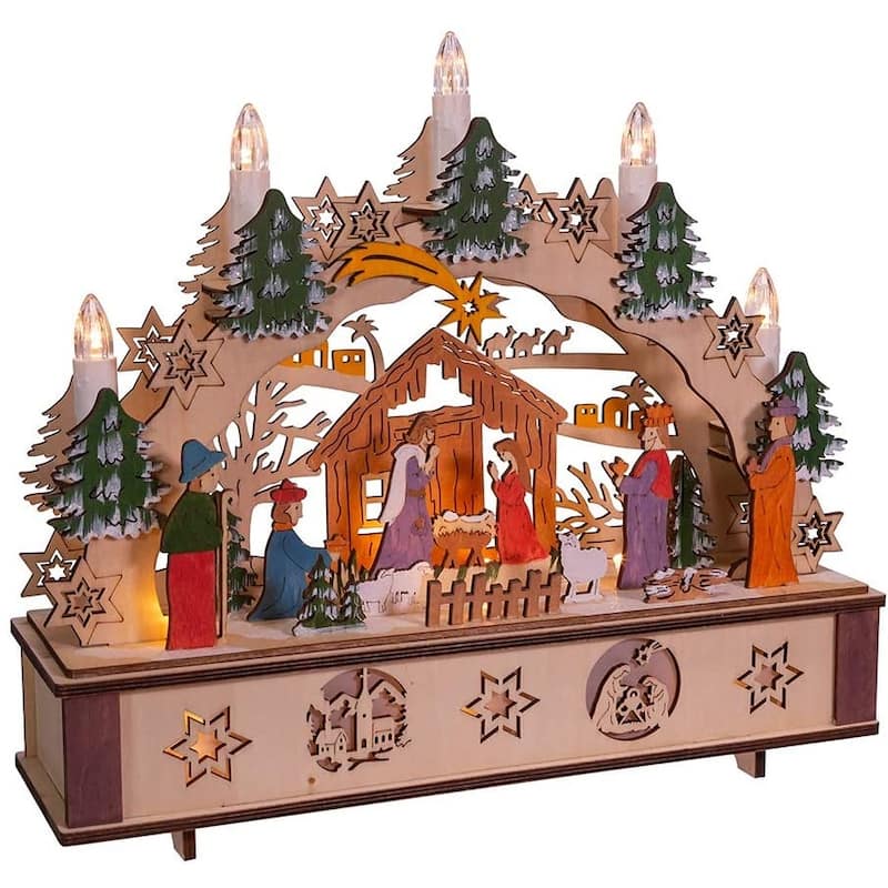 Kurt Adler 11-Inch Battery-Operated Light-Up Wooden Nativity Scene with Candles