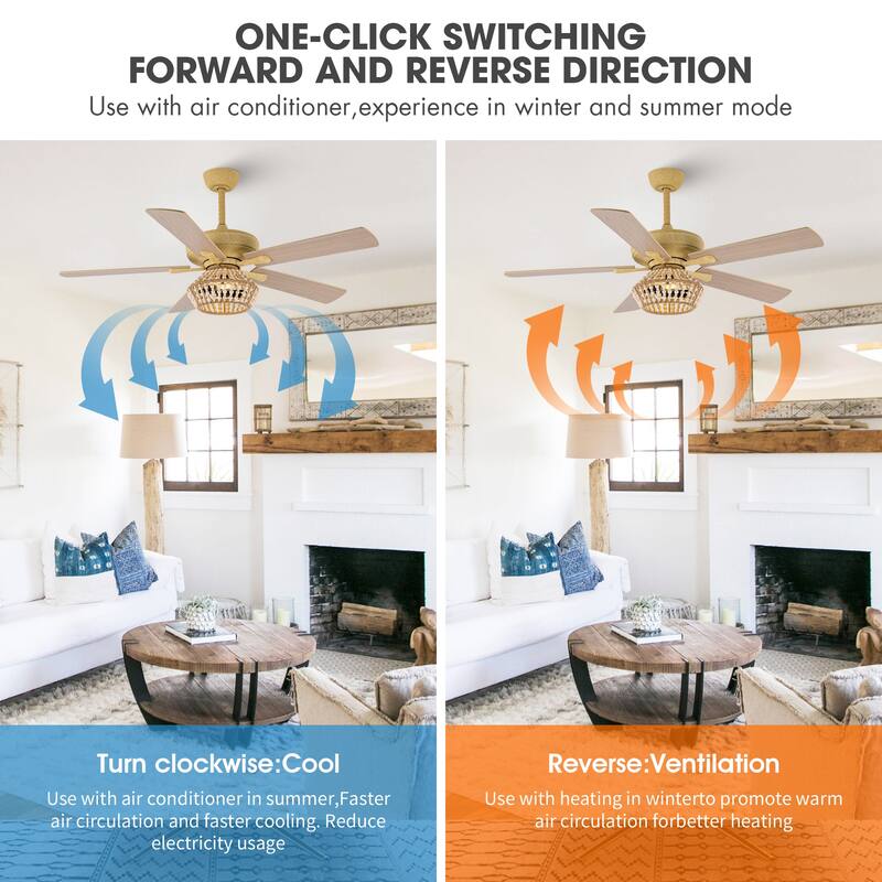 52-in Boho 5-Blade Sand Gold Reversible Cage Ceiling Fan with Remote and Light Kit - 52-in W