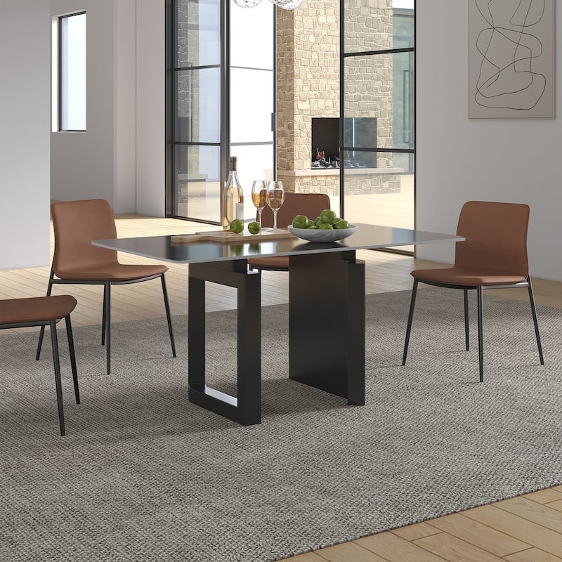 Modern Rectangle Stone Tabletop Black Titanium Stainless Double Pedestal Dining Table