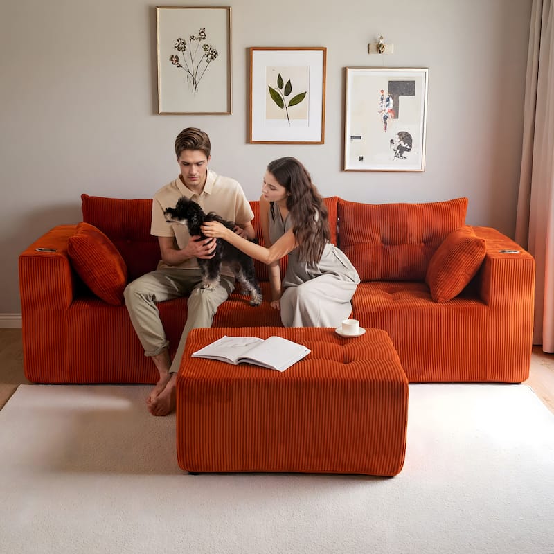 Corduroy Modular Sectional Sofa - 35.8"D x 101"W x 26.3"H