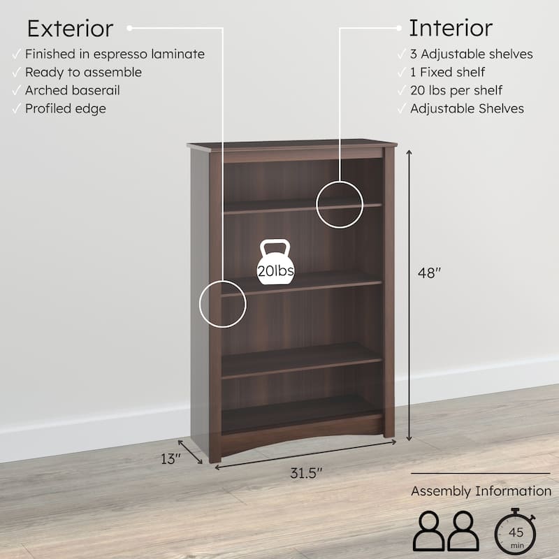 Prepac Home Office 4-Shelf Bookcase - 31.5" W x 48" H x 13" D