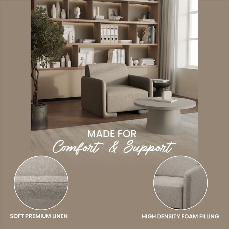 Nyta Mid-Century Accent Armchair in Deep Foam Seat, Boucle or Linen Upholstery, and Plastic Glides with Solid Wood Support