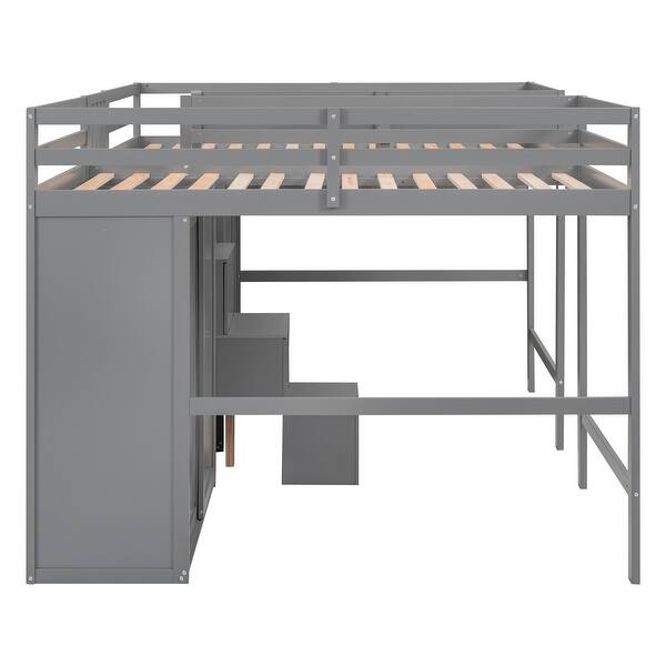 slide 2 of 22, Double Twin Bunk Bed with Playhouse and Fence Design, Sturdy Pine Gray