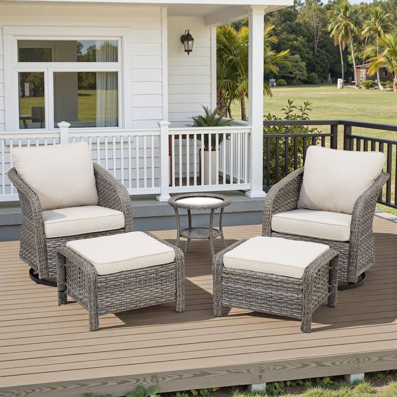 Pocassy Outdoor Patio Furniture Wicker Sofa Chair Set - Light Grey Wicker Beige Cushion - 5 Pieces Swivel Chair with Ottoman