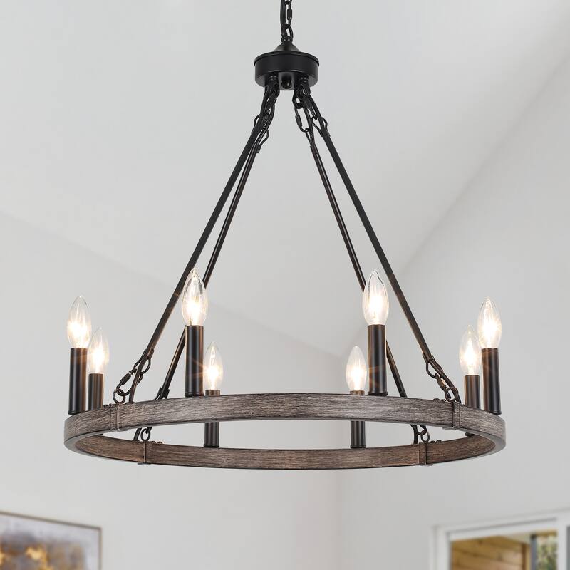 6-Light Farmhouse Candlestick Circle Iron Wagon Wheel Chandelier for Dining Room with No Bulbs Included - Brown